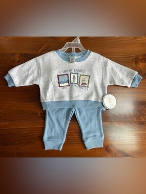 New Light Blue & Light Gray Baby Sweatshirt with Winter Travels Stamp Motifs